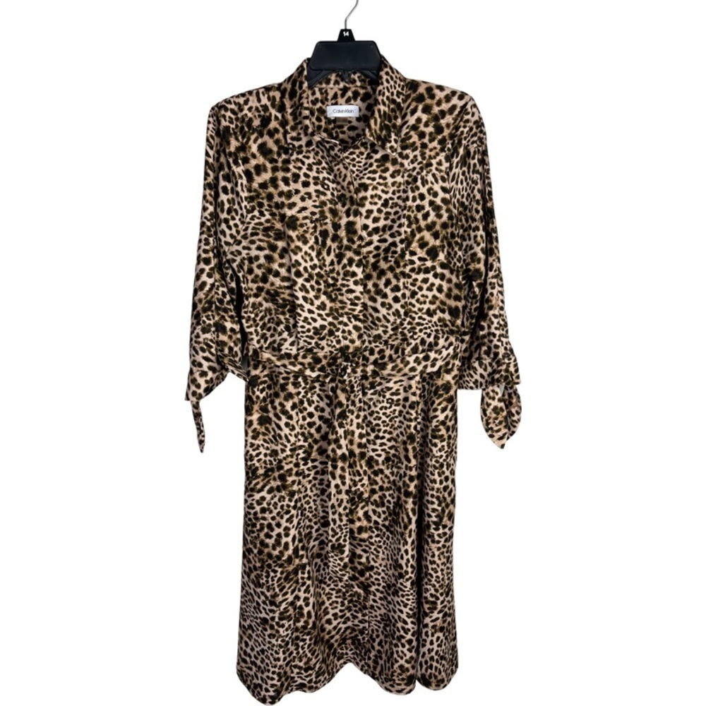 ✅ Calvin Klein animal print button down Midi Dress with belt fit & flare size 6